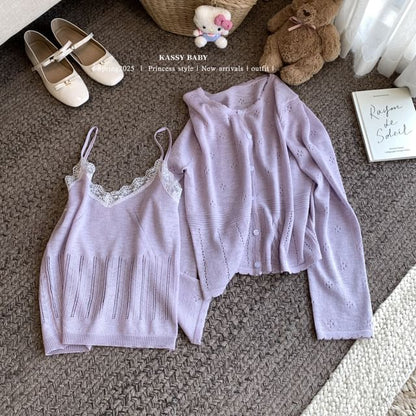 Cardigan Lace Round Trim Neck Set: + V-Neck Knit Camisole Top Plain