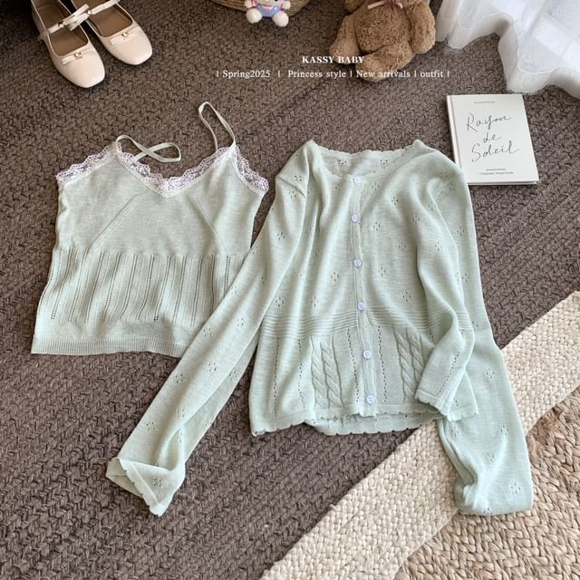 Cardigan Lace Round Trim Neck Set: + V-Neck Knit Camisole Top Plain