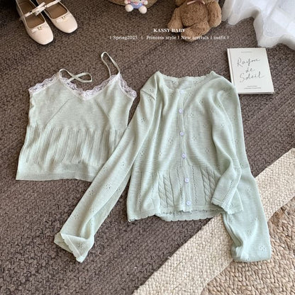 Cardigan Lace Round Trim Neck Set: + V-Neck Knit Camisole Top Plain