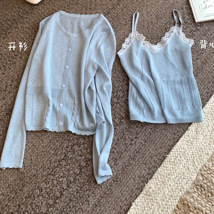 Cardigan Lace Round Trim Neck Set: + V-Neck Knit Camisole Top Plain