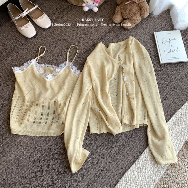Cardigan Lace Round Trim Neck Set: + V-Neck Knit Camisole Top Plain
