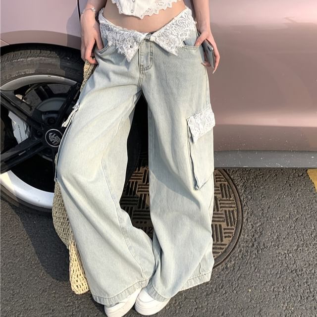Plain Lace Jeans Button / Mid Washed Wide Top Leg Cami Waist Cargo Panel
