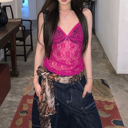 Camisole Plain Bow Top Lace V-Neck