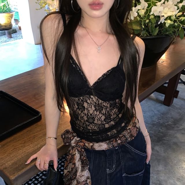 Camisole Plain Bow Top Lace V-Neck