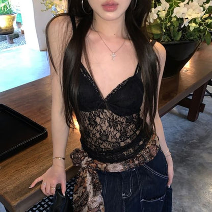 Camisole Plain Bow Top Lace V-Neck