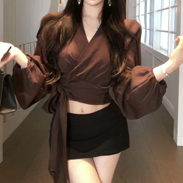 Wrap Long Plain Crop Sleeve V-Neck Blouse