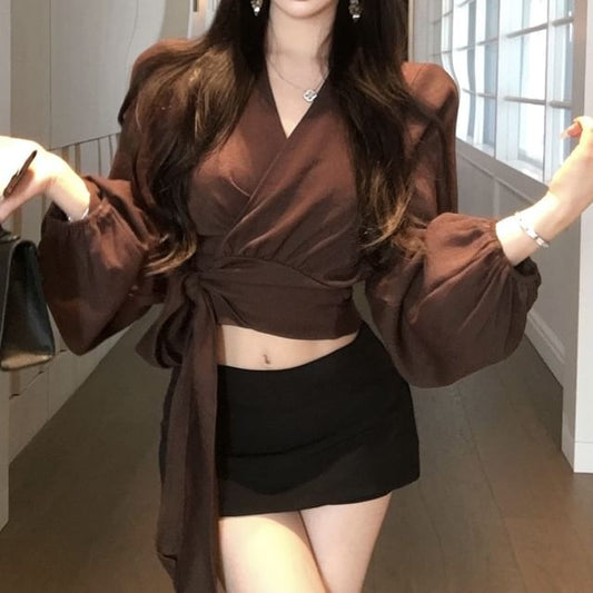 Wrap Long Plain Crop Sleeve V-Neck Blouse