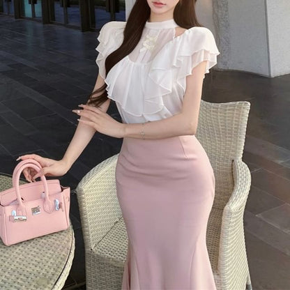 Sleeve / Maxi High Cap Blouse Neck Rise Skirt Plain Ruffle Mock Bow Panel Fishtail