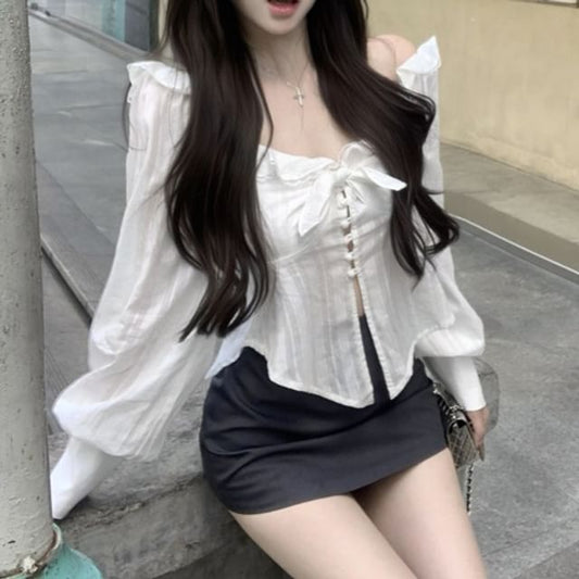 V-Neck Plain Ruffle Blouse Sleeve Bow Long