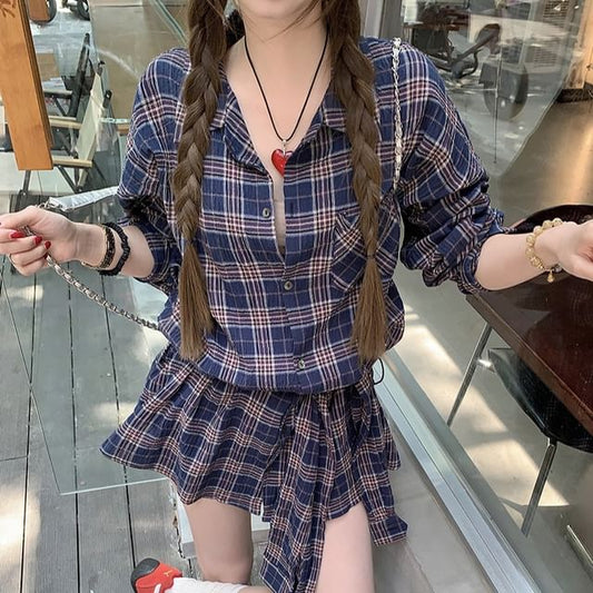 Long Shirt Tie-Up Sleeve Collared Plaid