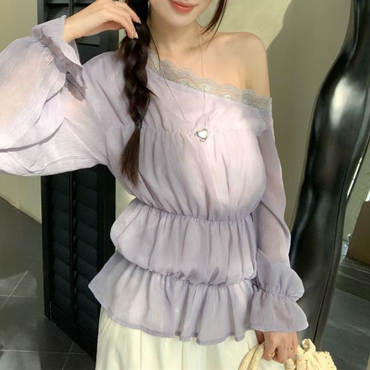 Plain Sleeve Panel Long Trim One Blouse Lace Shoulder