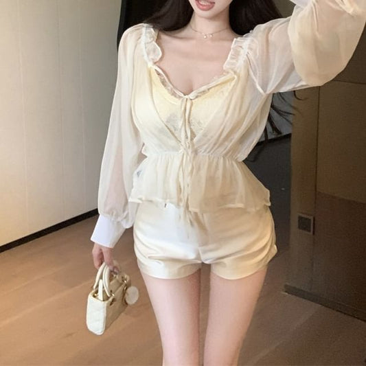 Lace Long Off Plain Tie Satin Waist V-Neck Shorts Cami Front High Shoulder Top / Sleeve