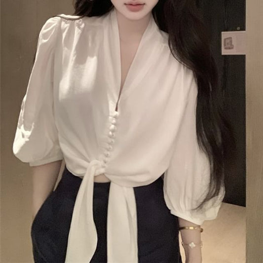 Blouse V-Neck Tie Elbow Front Sleeve Plain