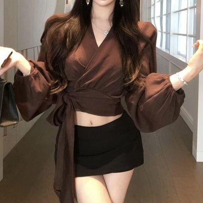 Wrap Long Plain Crop Sleeve V-Neck Blouse