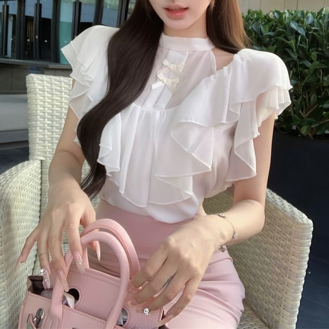 Sleeve / Maxi High Cap Blouse Neck Rise Skirt Plain Ruffle Mock Bow Panel Fishtail