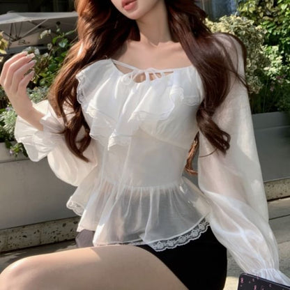 Plain Pencil Front Trim Lace Long Skirt Blouse Ruffle V-Neck Tie Sleeve Mini /