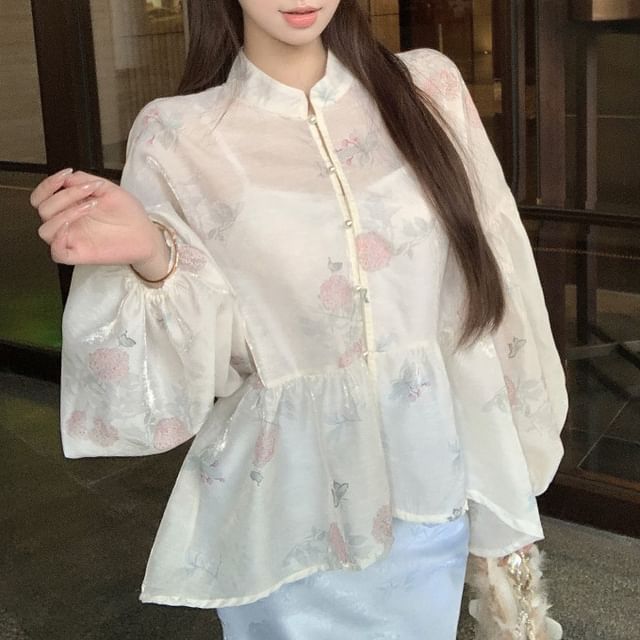 Print Fishtail Maxi Long Blouse Plain Jacquard Collar Waist Stand Peplum Set Sleeve / Floral Camisole Skirt High