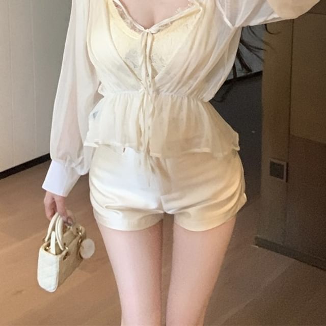 Lace Long Off Plain Tie Satin Waist V-Neck Shorts Cami Front High Shoulder Top / Sleeve