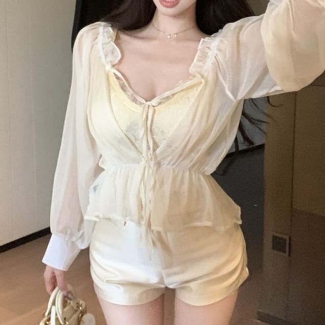 Lace Long Off Plain Tie Satin Waist V-Neck Shorts Cami Front High Shoulder Top / Sleeve