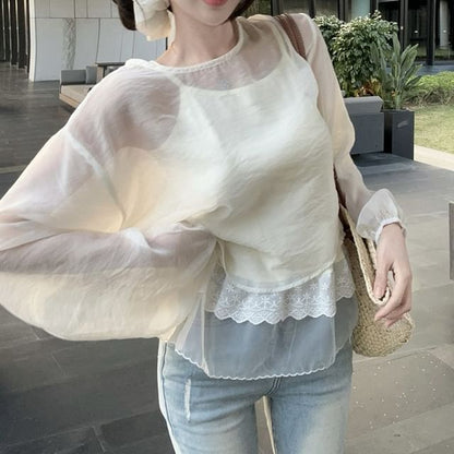 Plain Sheer Set: Blouse Crew Neck Top + Cami Sleeve Long