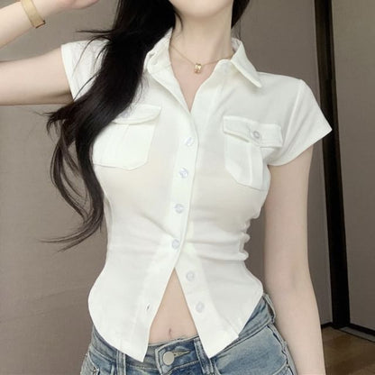 Plain Sleeve Jersey Flap Shirt Collared Cap Pocket