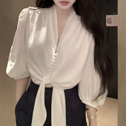 Blouse V-Neck Tie Elbow Front Sleeve Plain