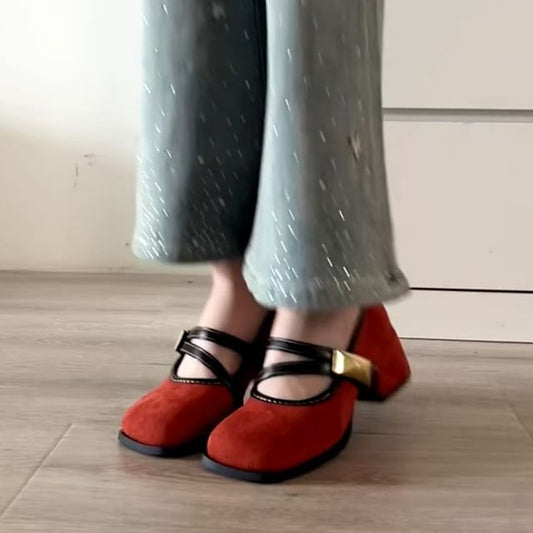 Buckle Heel Jane Metallic Block Mary Shoes