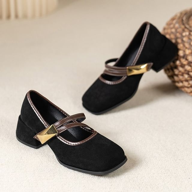 Buckle Heel Jane Metallic Block Mary Shoes