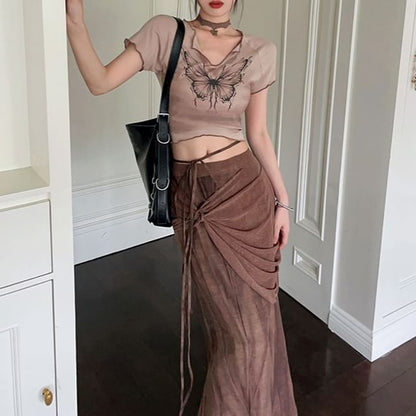 Print Skirt Waist Pencil Mid / Tie-Up Butterfly Sleeve Crop Maxi Tee V-Neck Short