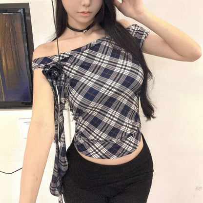 Top Sleeve Short Shoulder Off Plaid