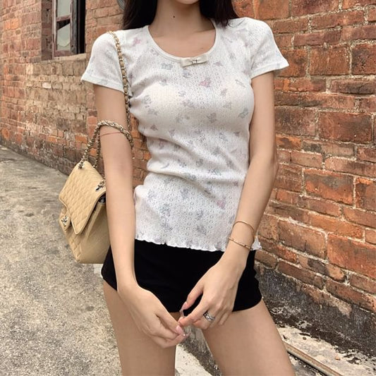 Round Neck Sleeve T-Shirt Pointelle Short Bow