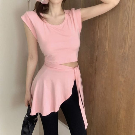 Plain Pants Sleeve / Neck Piece High Mock Two Flared T-Shirt Asymmetrical Waist Crew Cap