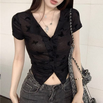 Top V-Neck Butterfly Button Print Sleeve Short