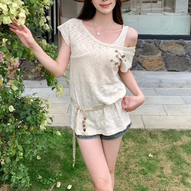 Belt Cold Cord Shoulder Top Plain Sleeve + Short Button Set: