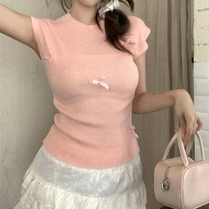 Bow Sleeve Cap Crew Neck Knit Top