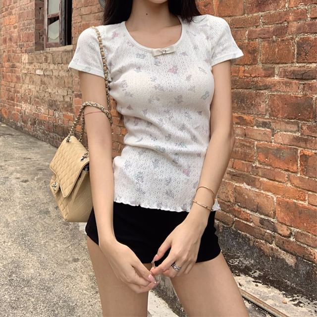 Round Neck Sleeve T-Shirt Pointelle Short Bow