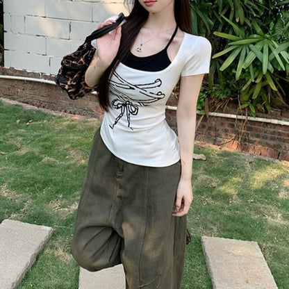 Tee Asymmetrical Short Piece Sleeve Patterned Print Mock Two