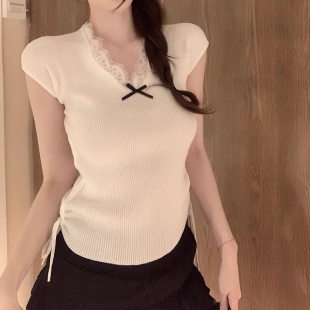 Knit Cap Bow Sleeve Top V-Neck Lace Plain Trim