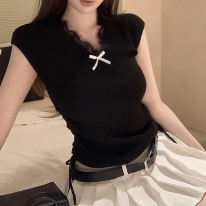 Knit Cap Bow Sleeve Top V-Neck Lace Plain Trim