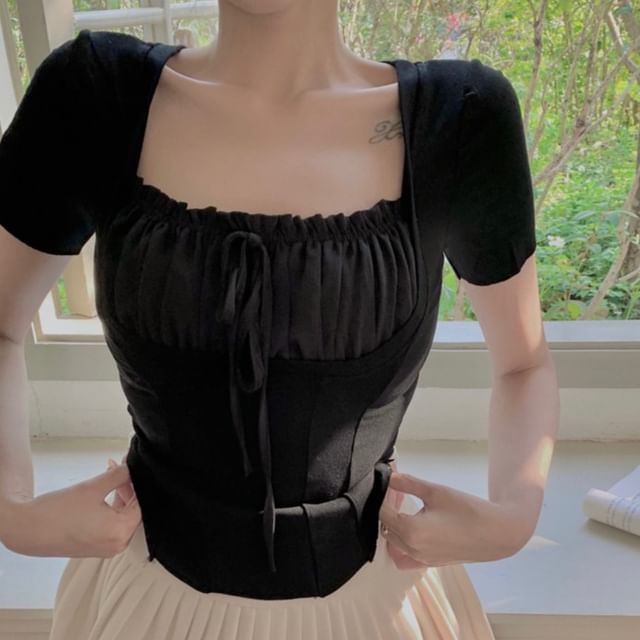 Mock Plain Sleeve Short Ruched Square Top Two Neck Piece