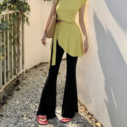 Plain Pants Sleeve / Neck Piece High Mock Two Flared T-Shirt Asymmetrical Waist Crew Cap