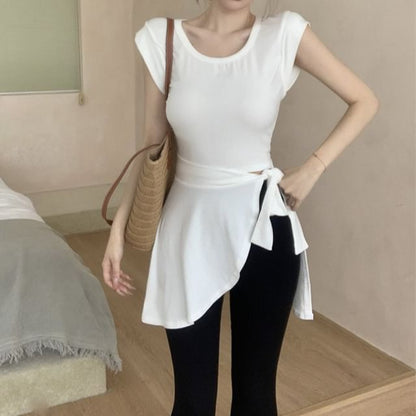 Plain Pants Sleeve / Neck Piece High Mock Two Flared T-Shirt Asymmetrical Waist Crew Cap