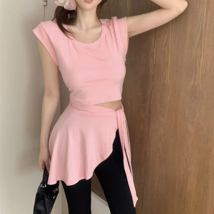 Plain Pants Sleeve / Neck Piece High Mock Two Flared T-Shirt Asymmetrical Waist Crew Cap