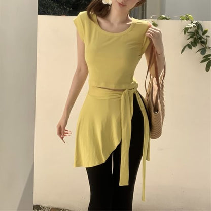 Plain Pants Sleeve / Neck Piece High Mock Two Flared T-Shirt Asymmetrical Waist Crew Cap