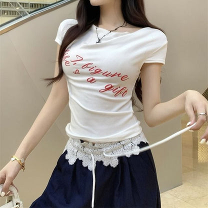 Leg / T-Shirt Wide Lace Pants Waistband Short-Sleeve Lettering