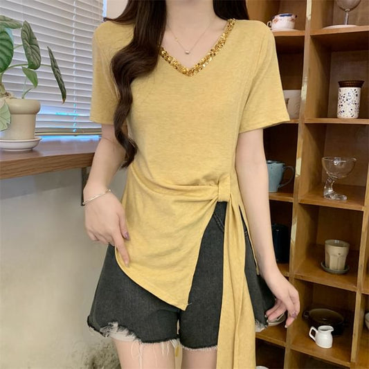 Trim Short-Sleeve Plain Top V-Neck Lace Asymmetrical