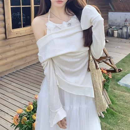 Plain High Top Mock / Maxi Long-Sleeve A-Line Skirt Rise Two-Piece