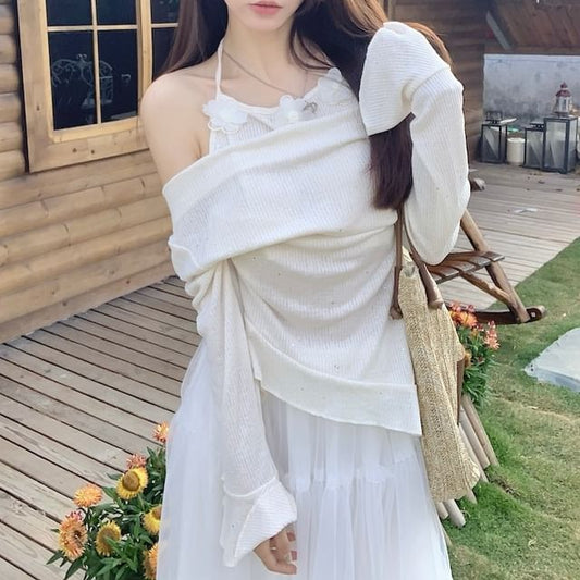 Plain High Top Mock / Maxi Long-Sleeve A-Line Skirt Rise Two-Piece