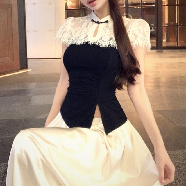 Short-Sleeve Tone Skirt Top Two High Maxi Waist Asymmetrical / A-Line