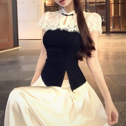 Short-Sleeve Tone Skirt Top Two High Maxi Waist Asymmetrical / A-Line